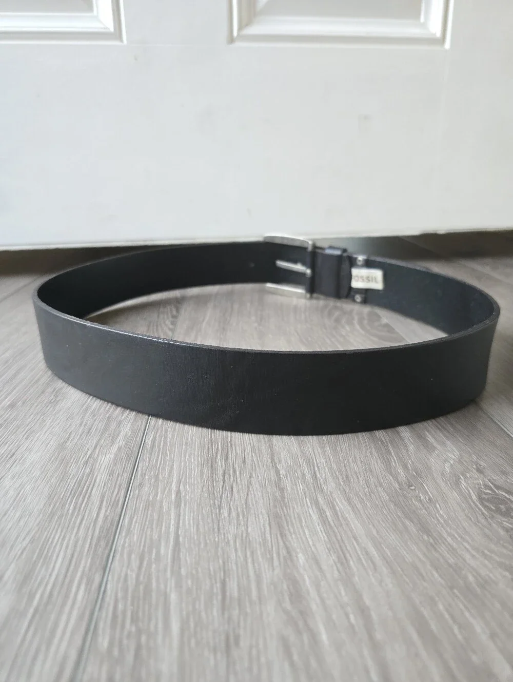 Fossil Mens Black Genuine Leather Belt Antique Silver Buckle Size 36